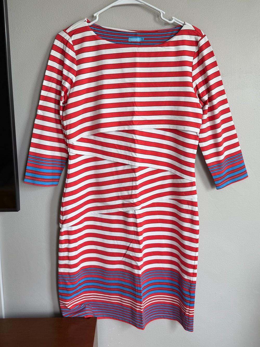 J. McLaughlin Nicola Catalina‎ Cloth Red Blue Striped Tiered 3/4 Sleeve Dress M